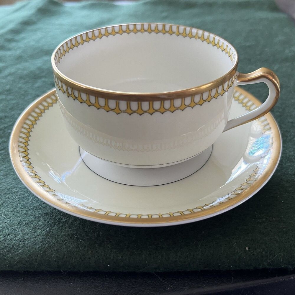 Haviland Limoges Schleiger 278 Flat Cup and Saucer Set France White Cream Gold